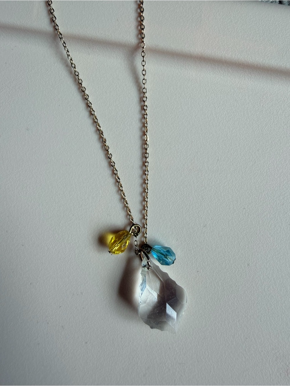 Crystal Pendant Necklace with Yellow and Blue Accents 19 inch chain